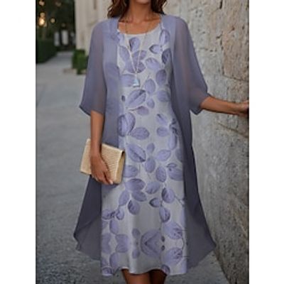 Women's Two Piece Dress Set Casual Dress Chiffon Dress Outdoor Holiday Fashion Modern Print Midi Dress Crew Neck Half Sleeve Floral Loose Fit Pink Blue Purple Spring S M L XL XXL Lightinthebox