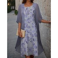 Women's Two Piece Dress Set Casual Dress Chiffon Dress Outdoor Holiday Fashion Modern Print Midi Dress Crew Neck Half Sleeve Floral Loose Fit Pink Blue Purple Spring S M L XL XXL Lightinthebox - thumbnail