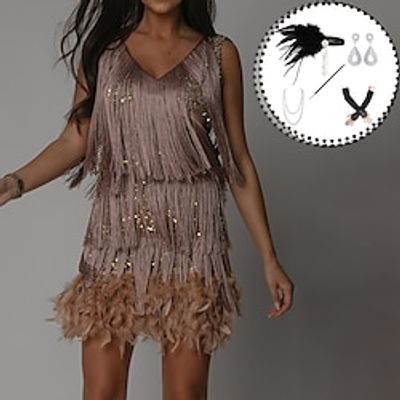 Set with Mini Flapper Dress Feather Headband Opera Gloves Necklace Earings Cigarette Holder Women's Roaring 20s 1920s Outfits Cocktail Masquerade Wedding Prom Gatsby Christmas Attire Party Dress miniinthebox