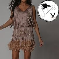 Set with Mini Flapper Dress Feather Headband Opera Gloves Necklace Earings Cigarette Holder Women's Roaring 20s 1920s Outfits Cocktail Masquerade Wedding Prom Gatsby Christmas Attire Party Dress miniinthebox - thumbnail