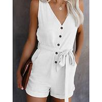 Women's Romper Lace up Button Solid Color V Neck Streetwear Street Daily Regular Fit Sleeveless Black White Wine S M L Summer Lightinthebox