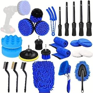 26pcs Car Detailing Brush Set, Car Detailing Kit, Car Interior Auto Drill Brush Kit, Car Wash Kit, Car Cleaning Tools, Drill Brush, Wash Mitt, Towels, Car Buffing Sponge Pads Kit,Car Accessories, Car miniinthebox