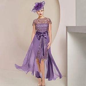Two Piece Sheath  Column Mother of the Bride Dress Formal Wedding Guest Elegant detachable Scoop Neck Knee Length Chiffon Lace Short Sleeve with Bow(s) Pleats Appliques 2023 Lightinthebox