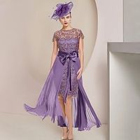 Two Piece Sheath  Column Mother of the Bride Dress Formal Wedding Guest Elegant detachable Scoop Neck Knee Length Chiffon Lace Short Sleeve with Bow(s) Pleats Appliques 2023 Lightinthebox - thumbnail