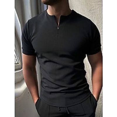 Men's Collar Polo Shirt Zip Polo Golf Shirt Tartan Standing Collar Khaki Black Going out golf shirts Short Sleeve Clothing Apparel Designer Punk  Gothic  Slim Lightinthebox