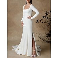 Hall Formal Wedding Dresses Mermaid  Trumpet Square Neck Long Sleeve Court Train Satin Bridal Gowns With Pleats Split Front 2023 Lightinthebox - thumbnail