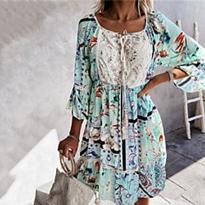 Women's A Line Dress Short Mini Dress Blushing Pink Green Beige 3/4 Length Sleeve Floral Lace Print Fall Summer Round Neck Casual 2021 S M L XL XXL miniinthebox