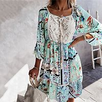 Women's A Line Dress Short Mini Dress Blushing Pink Green Beige 3/4 Length Sleeve Floral Lace Print Fall Summer Round Neck Casual 2021 S M L XL XXL miniinthebox - thumbnail