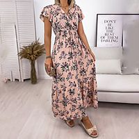 Women's Swing Dress Maxi long Dress Blushing Pink Green White Black Short Sleeve Floral Solid Color Print Fall V Neck Casual 2021 S M L XL XXL miniinthebox - thumbnail
