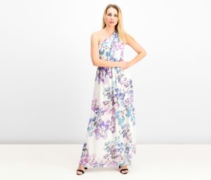 Women One-Shoulder Floral Georgette Gown  Cream/Purple/Blue