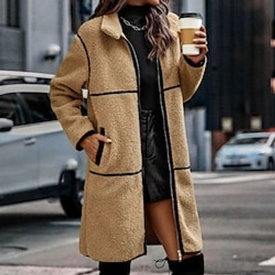 Women's Teddy Coat Warm Breathable Outdoor Daily Wear Vacation Going out Zipper Pocket Zipper Turndown Fashion Ordinary Casual Comfortable Line Regular Fit Outerwear Long Sleeve Winter Fall Yellow Lightinthebox