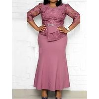 Women's Plus Size Prom Dress Party Dress Lace Dress Long Dress Maxi Dress Pink Purple Dark Blue 34 Length Sleeve Plain Lace Summer Spring Fall Crew Neck Elegant Wedding Guest Birthday Evening Party Lightinthebox - thumbnail