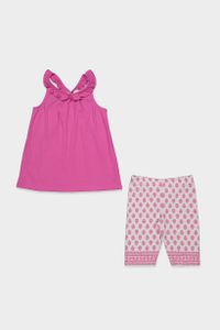 Kids Girls 2 Pieces Ruffled Top & Printed Shorts Set  Pink/White
