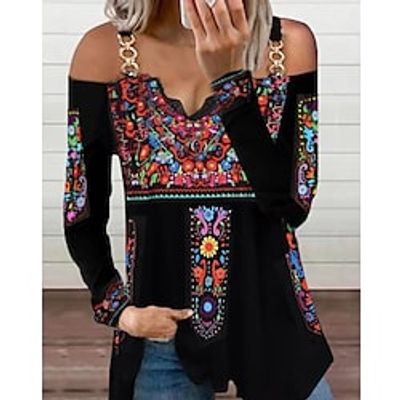 Women's Blouse Shirt Black Floral Long Sleeve Holiday Weekend Basic Cold Shoulder S Lightinthebox