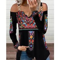 Women's Blouse Shirt Black Floral Long Sleeve Holiday Weekend Basic Cold Shoulder S Lightinthebox - thumbnail