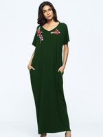 Loose Floral Embroidered Short Sleeve V-neck Maxi Dress For Women
