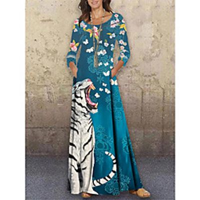 Women's Shift Dress Maxi long Dress Blue 34 Length Sleeve Print Animal Print Spring Summer Round Neck Casual 2021 S M L XL XXL 3XL Lightinthebox