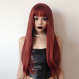 Synthetic Wig Natural Straight With Bangs Machine Made Wig 24 inch Wine Red Synthetic Hair Women's Cosplay Silky Fashion Red  Daily Wear Lightinthebox