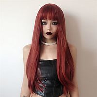 Synthetic Wig Natural Straight With Bangs Machine Made Wig 24 inch Wine Red Synthetic Hair Women's Cosplay Silky Fashion Red  Daily Wear Lightinthebox - thumbnail