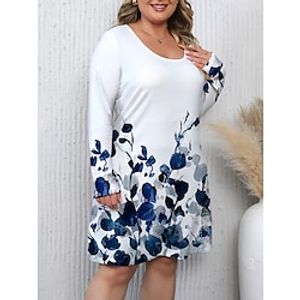 Women's Plus Size Curve Casual Dress Winter Dress T Shirt Dress Tee Dress Leaf Floral Mini Dress Long Sleeve Print Crew Neck Fashion Outdoor White Navy Blue Fall Winter L XL 2XL 3XL 4XL Lightinthebox