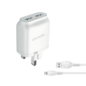 Porodo Dual USB Wall Charger 2.4A with Improved Version PVC Lightning Cable 1.2m, White