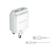 Porodo Dual USB Wall Charger 2.4A with Improved Version PVC Lightning Cable 1.2m, White - thumbnail