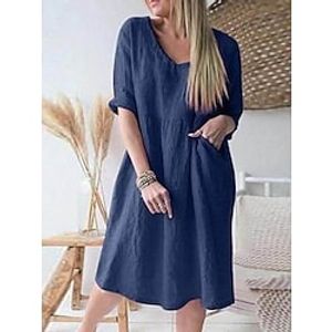 Women's Cotton Linen Dress Casual Dress Midi Dress Cotton And Linen Casual Mature Outdoor Daily Vacation V Neck Pocket Rolled Cuff Half Sleeve Spring Summer 2023 Regular Fit Navy Blue Plain S M L XL Lightinthebox