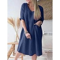 Women's Cotton Linen Dress Casual Dress Midi Dress Cotton And Linen Casual Mature Outdoor Daily Vacation V Neck Pocket Rolled Cuff Half Sleeve Spring Summer 2023 Regular Fit Navy Blue Plain S M L XL Lightinthebox - thumbnail