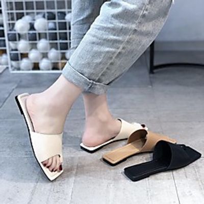 Women's Sandals Flat Heel Square Toe PU Solid Colored Black Khaki Beige miniinthebox
