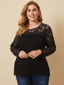 Plus Size Crew Neck Patchwork Long Sleeves Tee