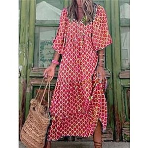 Women's Long Dress Maxi Dress Casual Dress Boho Dress Geometric Bohemian Casual Outdoor Daily Vacation Ruffle Print Long Sleeve V Neck Dress Loose Fit Wine Red Light Purple Winter Fall S M L XL XXL Lightinthebox