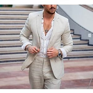 Beige Men's Beach Wedding Linen Suits Solid Colored 2 Piece Fashion Daily Casual Tailored Fit Single Breasted One-button 2024 miniinthebox