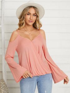 YOINS Crossed Front Wrap Cold Shoulder Bell Sleeves Tee