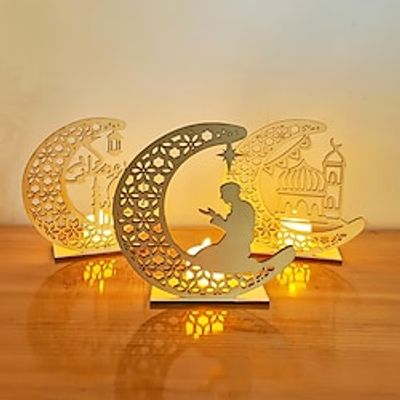 Eid al-Fitr Creative Moon-Shaped Wooden Silhouette Decorative Candle Holder - Featuring Dividers for Candle or LED Light Placement, Perfect Decorative Accessory for Eid al-Fitr Celebrations Lightinthebox