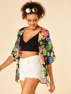 YOINS Black Random Floral Print Half Sleeves Kimono YOINS Black Random Floral Print Half Sleeves Kimono