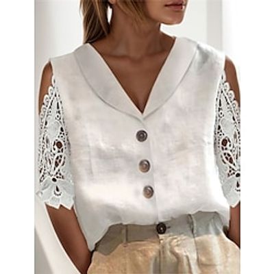 T shirt Tee Women's White Plain Lace Patchwork Daily Date Streetwear Modern Shirt Collar Bodycon S Lightinthebox
