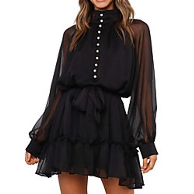 2021 new spring and summer women's cross-border european and american dress half high neck black perspective lace short skirt Lightinthebox