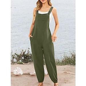 Women's Jumpsuit Pocket Solid Color U Neck Basic Street Daily Regular Fit Strap White Army Green Navy Blue S M L Summer Lightinthebox