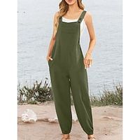 Women's Jumpsuit Pocket Solid Color U Neck Basic Street Daily Regular Fit Strap White Army Green Navy Blue S M L Summer Lightinthebox - thumbnail