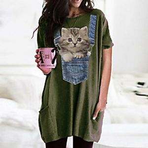 Women's T shirt Dress Cat Graphic Round Neck Tops Basic Basic Top Black Wine Army Green miniinthebox