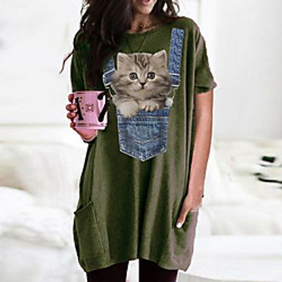 Women's T shirt Dress Cat Graphic Round Neck Tops Basic Basic Top Black Wine Army Green miniinthebox
