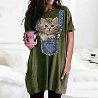 Women's T shirt Dress Cat Graphic Round Neck Tops Basic Basic Top Black Wine Army Green miniinthebox - thumbnail