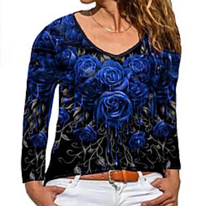 Women's Plus Size Tops Blouse Floral Long Sleeve V Neck Casual Fall Winter Blue Purple Grey Big Size L XL XXL XXXL 4XL / Halloween miniinthebox