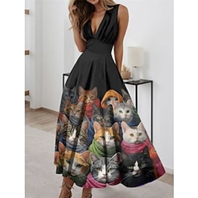 Women's Casual Dress Swing Dress Animal Cat Print V Neck Long Dress Maxi Dress Streetwear Maxi Street Holiday Sleeveless Regular Fit Black Blue Rainbow Summer Spring S M L XL 2XL Lightinthebox