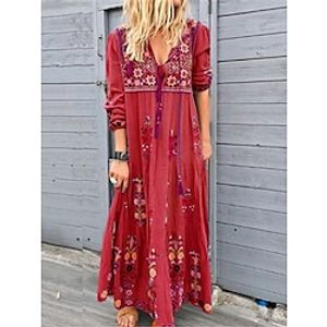 Women's Casual Dress Summer Dress Floral Print V Neck Mini Dress Bohemia Ethnic Holiday Vacation Long Sleeve Loose Fit Red Brown Gray Summer S M L XL 2XL Lightinthebox