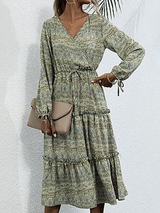 Long Sleeve V-neck Printed Waist Slim Dress
