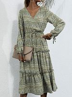 Long Sleeve V-neck Printed Waist Slim Dress - thumbnail