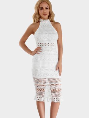 White Lace Hollow Design Halter Sleeveless Midi Dress White Lace Hollow Design Halter Sleeveless Midi Dress