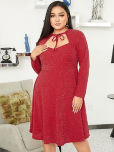 YOINS Plus Size Crew Neck Cut Out Tie-up Design Long Sleeves Midi Dress