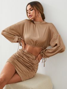 YOINS Brown Satin Mock Neck Long Sleeves Two Piece With Mini Skirt